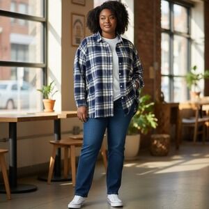 Y2K Old Navy Plaid Soft Flannel Shirt Jacket Oversized Blue White 4X Plus Women